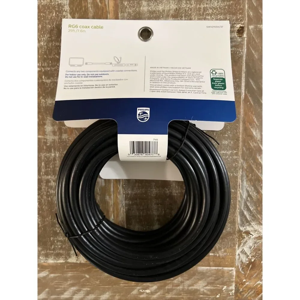 Philips 25 ft (7.6 m) Audio/Video RG6 Coax Cable - Universal - Black - Brand New